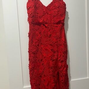 Lulu's Vibrant Red Floral Lace Midi Dress